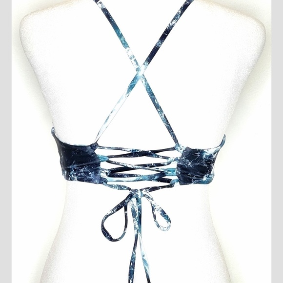 Zaful Bikini Swim Wear Swim Suit Top Blue Marble Print Lace Up Back Size 4 Small - Picture 3 of 6